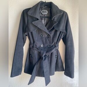 Ambiance Black Wool Blend Cinch Waist Pea Coat Blazer Women’s Size L Notch Lapel